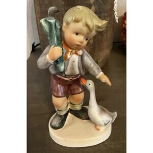 Hummel-Style Boy with Goose Figurine Umbrella 6” Japan Hand Painted VTG